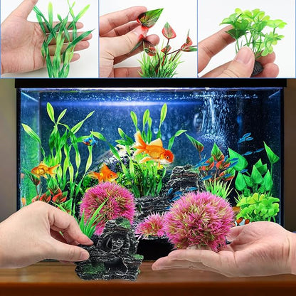 Fish Tank Accessories Aquarium Plants, 10pcs Colorful Fish Bowl Ornaments Plants and Rock Cave Decor Set, Aquarium Decor