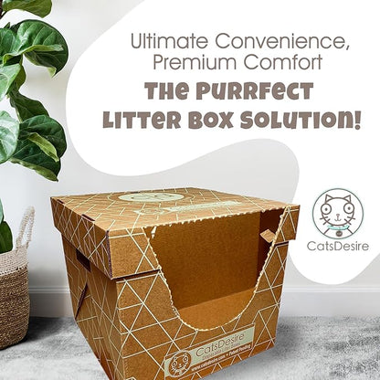 Cats Desire Litter Box - Disposable Litter Box Pack (6 pcs) - Top/Low Entry - Includes 2 lids, 2 Bases and 2 Multipurpose Pads - Partially Recycled Cardboard, 17" L x 17" W x 15.25" H