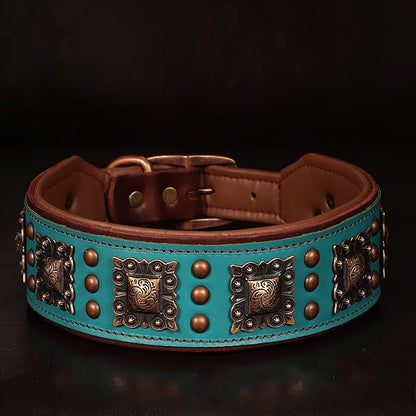 PET ARTIST Soft Padded Leather Dog Collar, 2 inch Wide Genuine Leather Dog Collars with Stylish Studded Rivet & Metal Buckle, Luxury & Adjustable Pet Collars for Medium Dogs,Green,Neck 16-19"