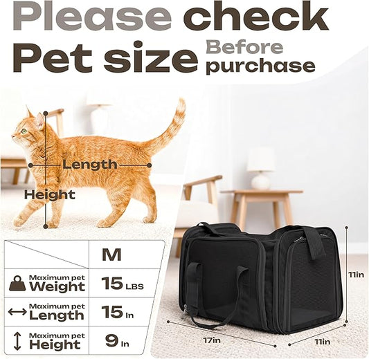 Airline Approved Medium Pet Carrier for Cats & Dogs – Foldable Dog Bag with Soft Mat, Breathable Mesh Windows, Travel-Ready Cat Carrier (Up to 15 lbs, Black)