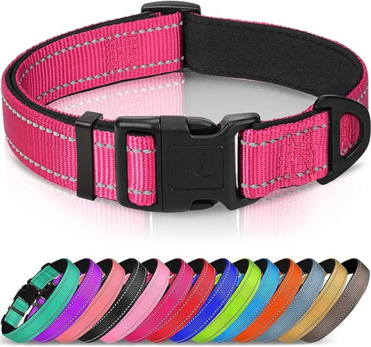 Joytale Reflective Dog Collar, Soft Neoprene Padded, Metal D-Ring, Nylon Pet Collar Adjustable for Extra Large Dogs, Hotpink, XL