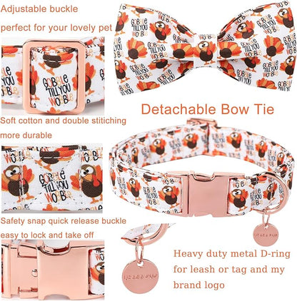 Thanksgiving Dog Collar with Bow Tie, Turkey Cotton Bowtie Collar for Puppy Girl Dog or Cat, Autumn Bow Tie Collar with Durable Metal Buckle, Turkeys Pet Collar, L, Neck 16-24in