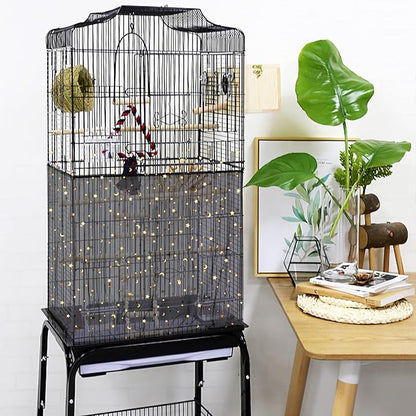 JULMELON 2Pcs Adjustable Bird Cage Seed Catcher(Black) Birdcage Nylon Mesh Cover Twinkle Star Universal Birdcage Cover for Parakeet Round Square Cage with Spring Hook