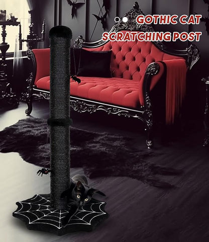 Gothic Cat Scratching Post with Spider Dangling Toys for Indoor Cats, Halloween Spooky Cat Scratcher,Activity Cat Play Center Goth Cat Tree Tower Furniture with Cobweb Base,Black