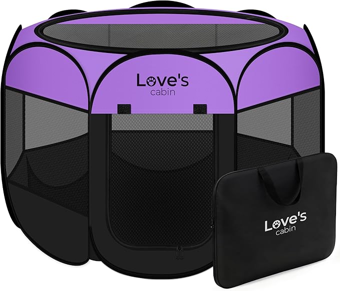 Love's cabin Pet Puppy Dog Playpen, Small Dog Tent Crates Cage Indoor/Outdoor, Portable Playpen for Cat, Foldable Pop Up Dog Kennel Playpen with Carring Case, Removable Zipper Top, Purple