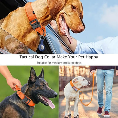 DAGANXI Tactical Dog Collar, Adjustable Military Training Nylon Dog Collar with Control Handle and Heavy Metal Buckle for Medium and Large Dogs, with Patches and Airtags Case (Orange-Set, M)