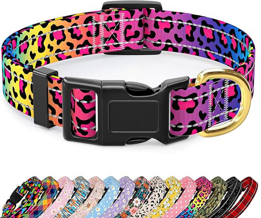Reflective Dog Collar for Large Dogs, Cute Leopard Style Adjustable Heavy-Duty Nylon Puppy Collar for Boy and Girl Female, Soft Pet Accessories with Quick Release Buckle, Neon