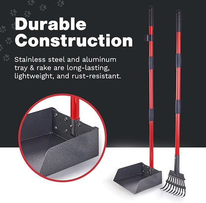 Pooper Scooper for Large Dogs and Small Dogs, Metal Poop Scooper Set with Long Handle Rake and Heavy Duty Tray for Yard, Grass, Dirt or Gravel, Heavy Duty Aluminum Poop Picker Upper