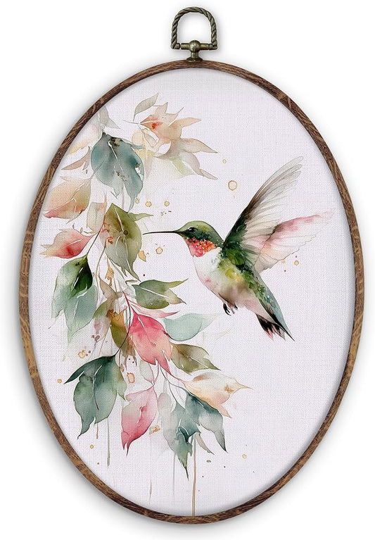 DILSJ Hummingbird Botanical Oval Wall Art Decor, Farmhouse Green Hummingbird Canvas Wall Art Framed, Watercolor Bird Hanging Decorations for Home Living Room Bedroom, 11x8.5 Inch