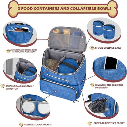 BAGLHER丨Dog Travel Bag Backpack, Airline Approved Pet Supplies Backpack, Dog Travel Bag with 2 Silicone Collapsible Bowls and 2 Food Baskets Blue