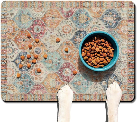 Moroccan Trellis Dog Food & Water Mat, Mexican Talavera Boho Colorful Pet Feeding Mat for Floor Non-Slip Waterproof, Super Absorbent Cat Bowl Mat, Easy to Clean Durable Pet Placemat,24" × 32"