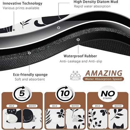 Cute Black Flower Dog Cat Food Mat,Absorbent Pet Feeding Mat with Rubber Backing,Non-Slip Water Bowl Placemat,Indoor Pet Accessories Supplies 16"x24"