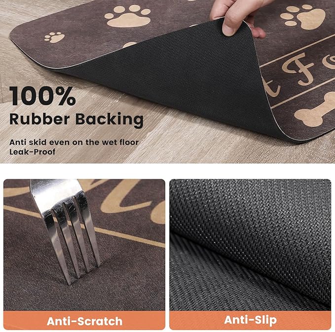 Pet Feeding Mat-Absorbent Pet Placemat for Food and Water Bowl, with Waterproof Rubber Backing, Quick Dry Water Dispenser Mat for Dog and Cat (27"x17", Brown)