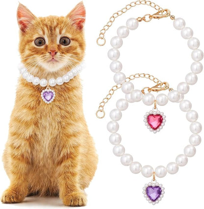 2pcs Cat Dog Pearl Collar, Small Heart Shape Rhinestone Pet Necklace, Adjustable Wedding Party Pet Jewelry Accessories for Puppy Small Cats- Purple & Red