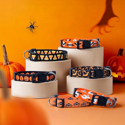 Native Pup Halloween Dog Collar- Spooky Fall Themed Horror Costume Collars- Skull, Pumpkin, Ghost, Bat, Witch, Candy Corn, Spider- Adjustable for Small, Medium, Large Breeds (Medium, Orange Bats)