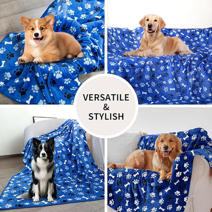 Dog Blanket Paw Bone Pattern 1 Pack 2 Super Soft Warm Flannel Sofa Cover Car Bed Protector, Urine Proof Washable Outdoor Pet Blanket for Puppy Large Dogs & Cats,40"*30" Blue
