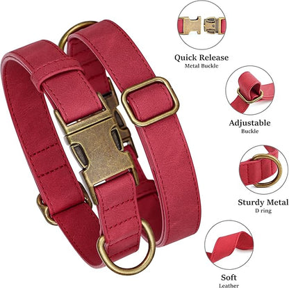 Didog Soft PU Leather Dog Collar, Stylish Quick Released Dog Collars for Large Dogs, Easy Clean Adjustable Pet Collar for Daily Walking, Red, XL Fit 17-27" Neck