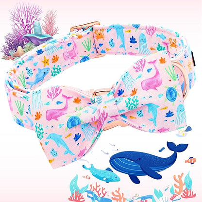 Lionheart glory Dog Bow Collar Sea Animals Print Pink Dog Collar for X-Small Dogs,Female Male Dog Collars with Bowtie Spring Summer Collars Soft Adjustable Pet Collar Bows