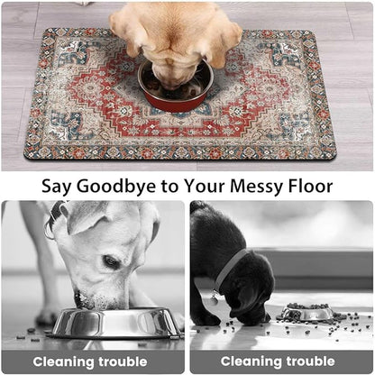 Dog Food Mats for Floors, Absorbent and Quick-Drying Pet Cat Food Mat,Anti-Fouling and Easy-to-Clean Pet Feeding Mat,Dog Bowl Mat for Messy Drinking Water Bowls.16 x24, Bohemia Style