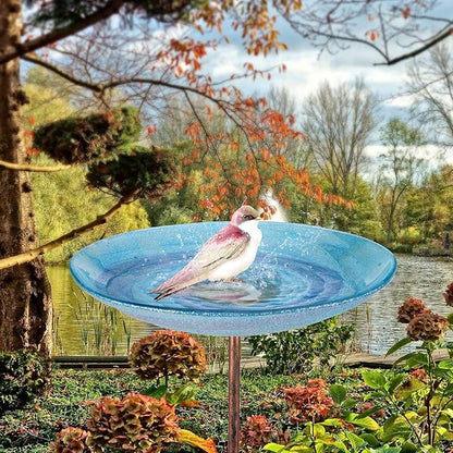 VCUTEKA Outdoor BirdBath Glass Bird Bath Garden Bird Feeder with Metal Stake