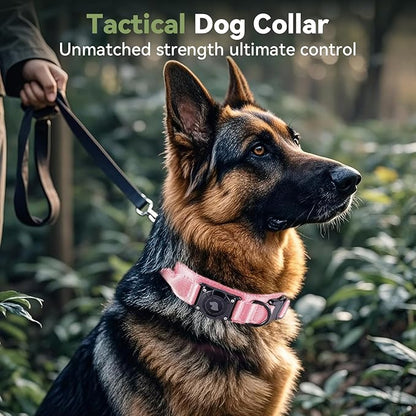 2025 Upgrade Waterproof AirTag Dog Collar, Military Tactical Dog Collar with AirTag Holder, Comfortable Control Handle and Metal Buckle, GPS Dog Collar Holder for Medium to Large Dogs (Pink, XL)
