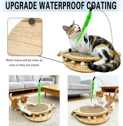 Cat Scratcher with Natural Sisal Pad, 3-in-1 Cat Scratching Board, 2-Tier Kitten Toys with Wooden Ball Track & Swing Toys -No Assembly Cats Activity Center, for Indoor and Outdoor