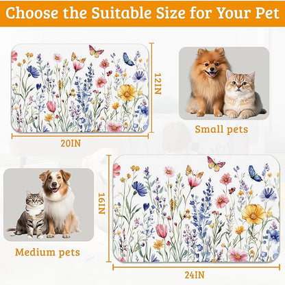 Flowers Butterfly Dog Food Mat,Colorful Absorbent Pet Feeding Mat for Food and Water Bowl,Quick Dry Dog Placemat Non Slip Rubber Backing Waterproof Pet Supplies 12" x 20"