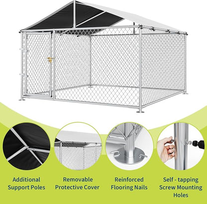 Large Dog Kennel Outdoor with Roof Heavy Duty Dog Enclosure Outside Pet Fence for Yard Dog Boarding Kennel Poultry House Cage Steel Fence with Ground Anchor Secure Lock Farm Training 7.5×7.5×5.5FT