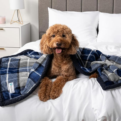 PetAmi Waterproof Dog Blanket for Medium Large XL Dog Puppy Cat Throw for Couch Cover Leakproof Protection, Sherpa Fleece, Reversible Soft Washable 80x60 Plaid Navy Blue