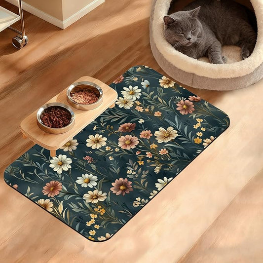 Dog Bowl Mat,Brown Flowers Pet Feeding Mat for Floors Waterproof,White Absorbent Dogs Placemat for Food and Water Quick Dry Pet Cat Feeding Mats with Non Slip Bottom 12" x 20"