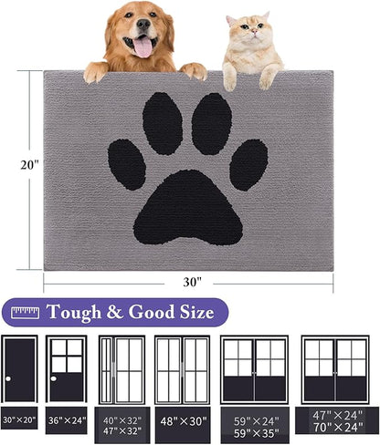 Buganda Dog Door Mat for Muddy Paws, Absorbent Dirt Trapper Non Slip Indoor Doormats, Washable Low-Profile Mat for Mud Dogs, Entryway Carpet for Inside Floor (30x20 Inches, Grey)