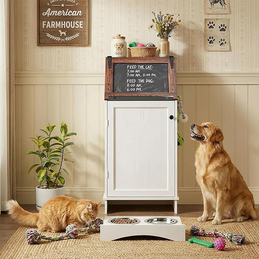 Dog Food Feeding Station with Storage, Pet Food Storage Cabinet with Bowls and Flip-Top Blackboard, Hidden Trash Can, Pet Organizer Cabinet for Dog and Cat, White
