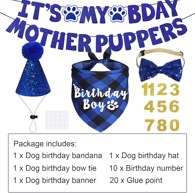 Dog Birthday Party Supplies, Multi Sizes Dog Birthday Hat with Numbers Bandana Bow Tie It’s My Bday Mother Puppers Sign Banner for Small Dogs Pets (Small, Blue)