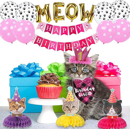 Cat Birthday Party Supplies, Cat Birthday Hat Crown with Number Bandana Bow Tie Banner Balloons Meow Balloons for Cats Kittens Decorations