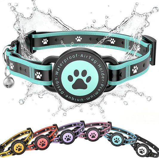 Airtag Cat Collar Breakaway, Reflective Cat Collar with AirTag Holder and Bell, Compatible with Apple Air Tag, Comfortable Padding, Adjustable, Durable (Turquoise, S)