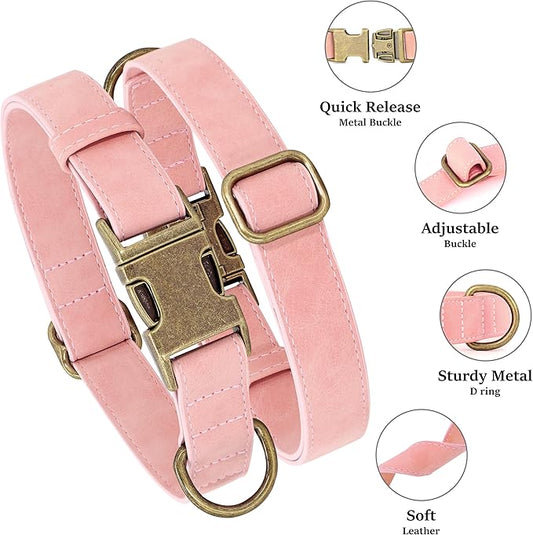 Didog Soft PU Leather Dog Collar, Stylish Quick Released Dog Collars for Large Dogs, Easy Clean Adjustable Pet Collar for Daily Walking, Pink, XL Fit 17-27" Neck