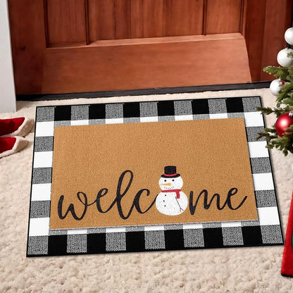 Tinideya 2 Pcs Winter Door Mat Snowman Welcome Non Slip Coir Mats Snow Black White Buffalo Plaid Floor Layering Doormats Seasonal for Front Porch Entryway Decor(Snowman)