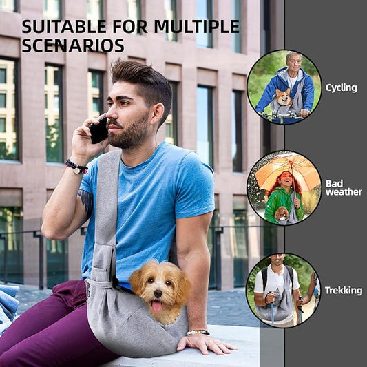 Dog Carrier Sling - Reversible Puppy Carrier Purse with Storage Pocket, Hand-Free Dog Sling Carrier for Carry Small Dogs and Cats, Travel Safety Harness, Dog and Cat Harness (Gray)
