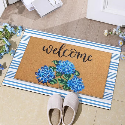 Tinideya 2 Pcs Hydrangea Door Mat Blue and White Stripe Welcome Non Slip Flower Coir Mats Floor Layering Floral Doormats Seasonal for Front Porch Entryway Decor(Blue Flower)