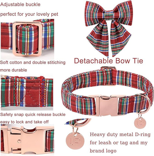Christmas Plaid Dog Collar with Bow, Red and Blue Check Adjustable Pet Collar with Quick Release, Christmas Stripes Bowtie Collar for Small Medium Large Dogs XL