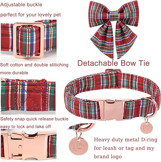 Christmas Plaid Dog Collar with Bow, Red and Blue Check Adjustable Pet Collar with Quick Release, Christmas Stripes Bowtie Collar for Small Medium Large Dogs S