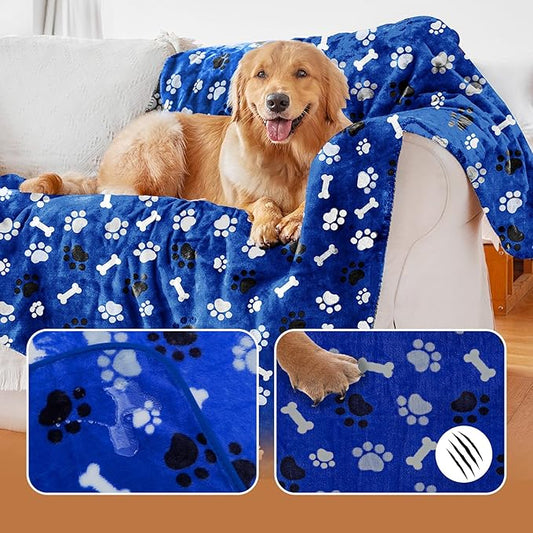 Dog Blanket Paw Bone Pattern 1 Pack 1 Super Soft Warm Flannel Sofa Cover Car Bed Protector, Urine Proof Washable Outdoor Pet Blanket for Puppy Large Dogs & Cats,80"*60" Blue