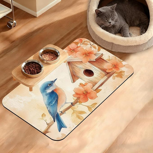 Dog Bowl Mat,Blue Bird Pet Feeding Mat for Floors Waterproof,Fall Leaves Absorbent Dogs Placemat for Food and Water Quick Dry Pet Cat Feeding Mats with Non Slip Bottom 12" x 20"