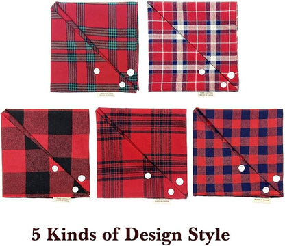 5PCS Dog Bandanas with Button - Thick Triangle Bibs Dual Layer Soft Cotton Scarves for Small Medium Boy Girl Puppy Cat Pet Baby Square Plaid Printing Washable Kerchief Halloween Costumes Outfits