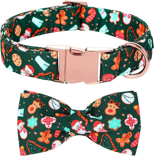 Christmas Dog Collar, Cute Winter Holiday Collars Green Christmas Tree and Snowman Print Metal Buckle Collar Adjustable Sturdy Collars for X-Small Girl Boy Dogs
