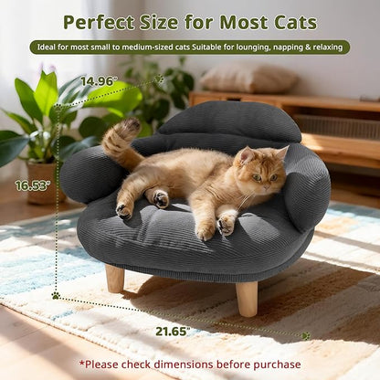 Cat Sofa Furniture-Style Pet Bed with Removable Cotton Velvet Cover, Solid Pine Wood Legs, for Cats and Small Dogs, Gray