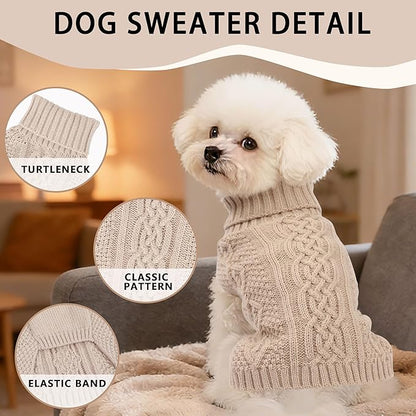 Knitted Dog Sweaters for Small Dogs Warm Small Dog Clothes Winter Sleeveless Puppy Sweater Turtleneck Dachshund Clothes with Twisted Design Doggy Pullover Knitwear Pet Cat Outfit (Beige, Medium)