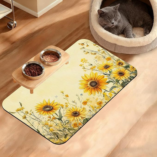 Yellow Floral Feeding Mat,Sunflower Absorbent Quick-Dry Cat Dog Food and Water Bowl Mats,Non-Slip Rubber Backing Mat,Cat Dog Accessories Supplies 12" x 20"