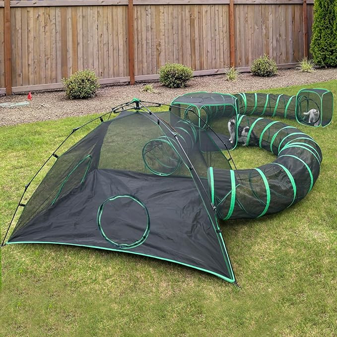 6-in-1 Cat Tents for Outside, Portable Outdoor Cat Enclosures for Indoor Cats, Pet Play Cage with Tunnels for Outside, Outdoor Catio, Pet Playpen Including 3 Tents and 3 Tunnels