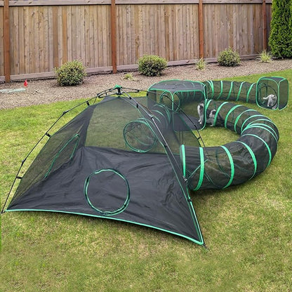 6-in-1 Cat Tents for Outside, Portable Outdoor Cat Enclosures for Indoor Cats, Pet Play Cage with Tunnels for Outside, Outdoor Catio, Pet Playpen Including 3 Tents and 3 Tunnels